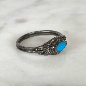 Sterling Silver Ring Turquoise Blue Stone Botanical Stamped 925 Vtg Size 7.25